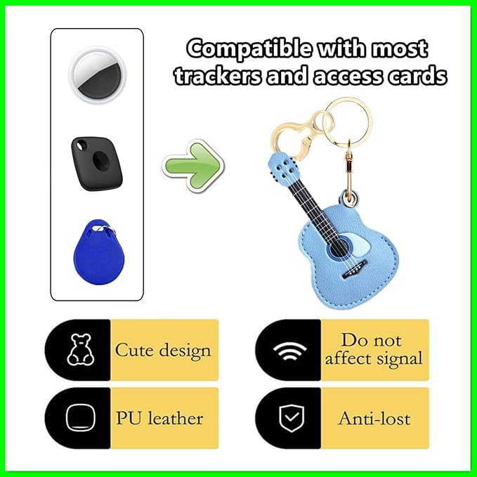 Leather Keychain Holder Case Compatible with AirTag,Cute Protective Cover with Keyring,Anti-Scratch Finder GPS Tracker Case for Wallet Keys,Bag,Pets,Backpack(Guitar Blue)