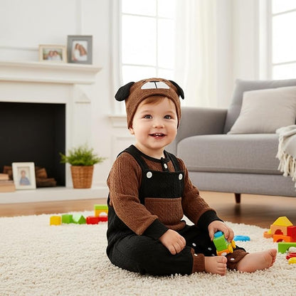 FOCUTEBB Baby Boy Clothes Cute Long Sleeve Romper Infant Pocket Overalls Adjustable Suspender Pants Set 0-18 Months