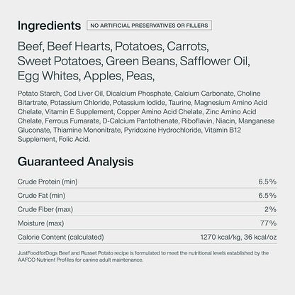 JustFoodForDogs Pantry Fresh Wet Dog Food, Complete Meal or Dog Food Topper, Beef & Potato Human Grade Dog Food Recipe - 12.5 oz (Pack of 12)