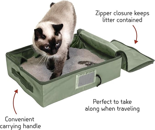SportPet Designs Portable Travel Litter Box for Cats, Large Collapsible Litter Box with Zippered Lid, Water-Resistant & Leak-Resistant Cat Litter Tray for Travel, Green