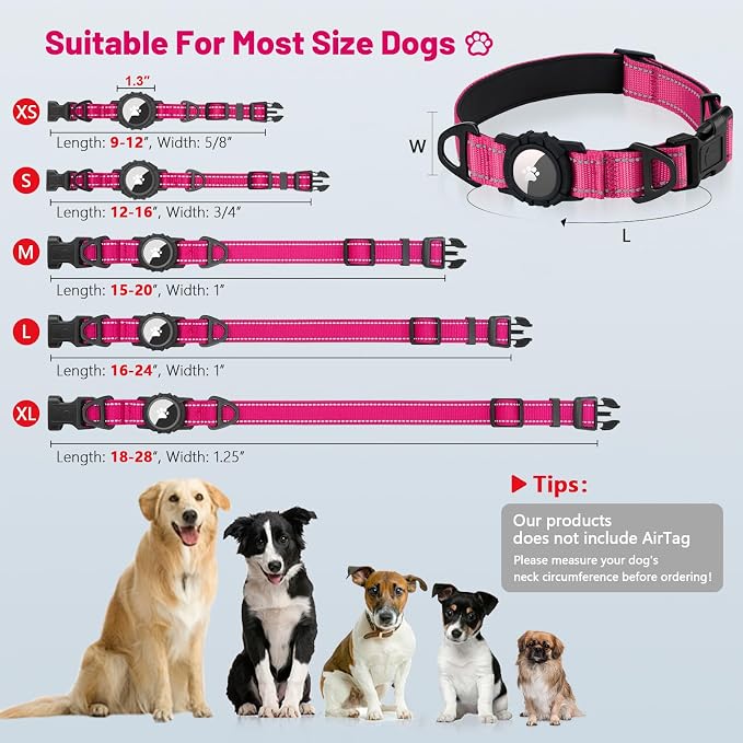 Taglory AirTag Dog Collar with Waterproof Holder for Large Dogs, Hot Pink | Reflective for Night Walks & Low-Light Safety, Track Your Pup Peace of Mind, Adjustable Soft Padded, No More Dangling Tags XL
