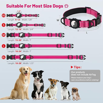 Taglory AirTag Dog Collar with Waterproof Holder for Large Dogs, Hot Pink | Reflective for Night Walks & Low-Light Safety, Track Your Pup Peace of Mind, Adjustable Soft Padded, No More Dangling Tags XL