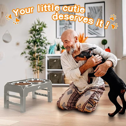 Elevated Bowls, 4 Height Adjustable Raised Stand With 2 Thick 50oz Stainless Steel Food Bowls, Non-Slip Feeder for Dogs, Adjusts to 3.7", 9.2", 10.75", 12.36" Light Brownish Gray