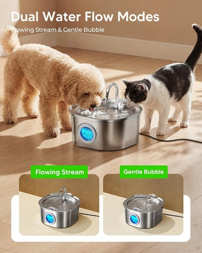 PEKTACO Stainless Steel Cat Water Fountain, 3.2L/108oz with 3 Filters | Cat water dispenser, dishwasher safe, with triple filtration, quiet pump, and visible water window for cats and small pets