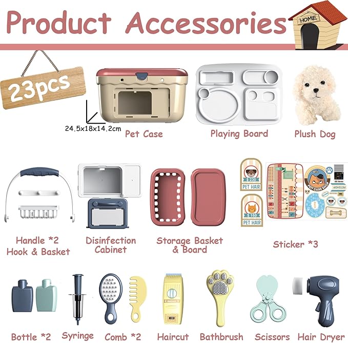 KAEGREEL Pet Care Playset, 23Pcs Pretend Play Kit with Pet Case for Treatment & Grooming, Fun Birthday for Kids Girls Aged 3-8 Year Old