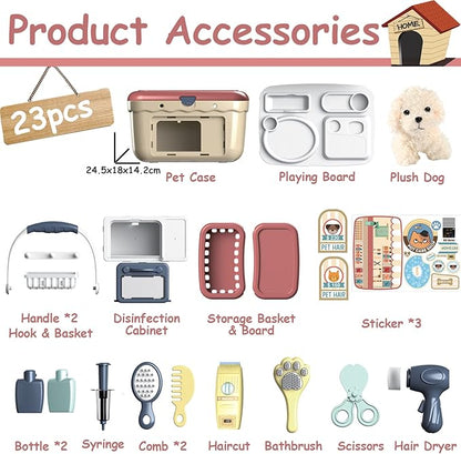 KAEGREEL Pet Care Playset, 23Pcs Pretend Play Kit with Pet Case for Treatment & Grooming, Fun Birthday for Kids Girls Aged 3-8 Year Old