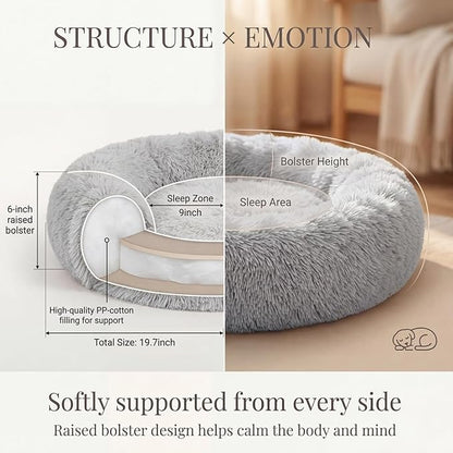 Calming Donut Dogs Beds for Small Dogs Washable,19inch Fluffy Round Puppy Bed for Puppies,Cats & Toy Breeds with Raised Rim,Fits up to 15 lbs Pets,Frost Grey