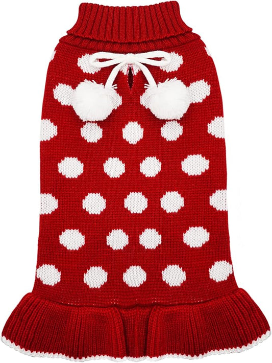 KYEESE Red Dog Sweater Dress with Leash Hole Turtleneck for Girl Dog Sweater Small Medium Knit Pullover Warm Pet Sweater for Fall Winter