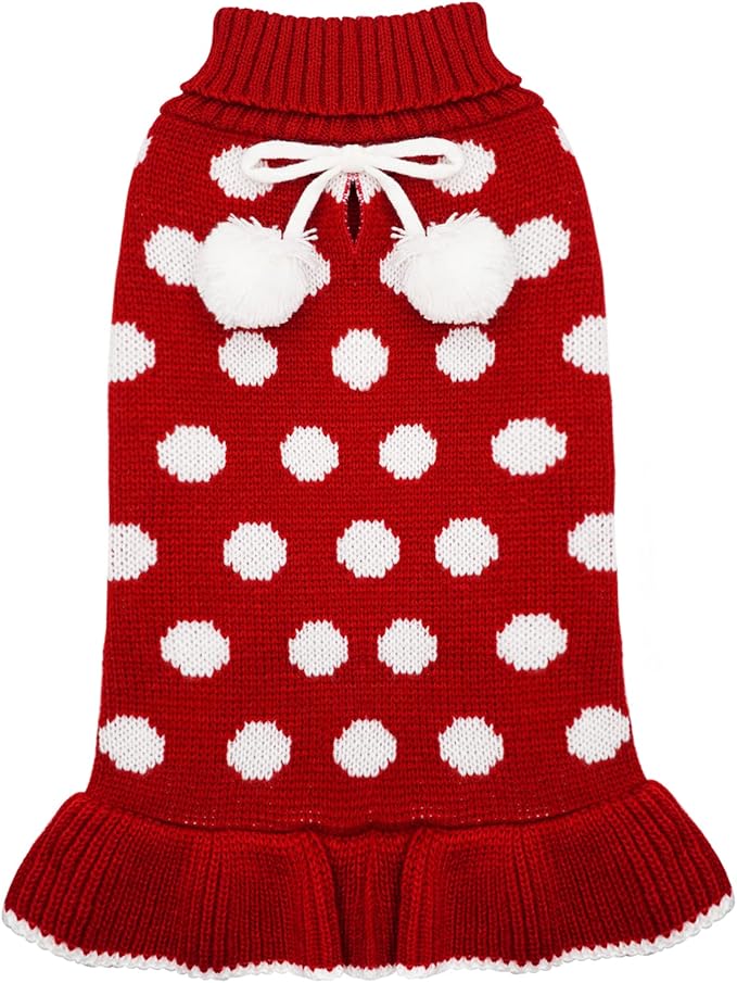 KYEESE Red Dog Sweaters Dress with Leash Hole Polka Dot for Girl Dog Sweater Knit Warm Doggie Sweaters with Pom Pom Ball for Fall Winter