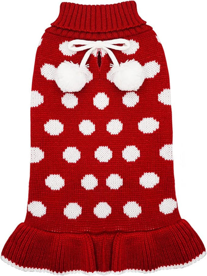 KYEESE Red Dog Sweaters Dress with Leash Hole Polka Dot for Girl Dog Sweater Knit Warm Doggie Sweaters with Pom Pom Ball for Fall Winter