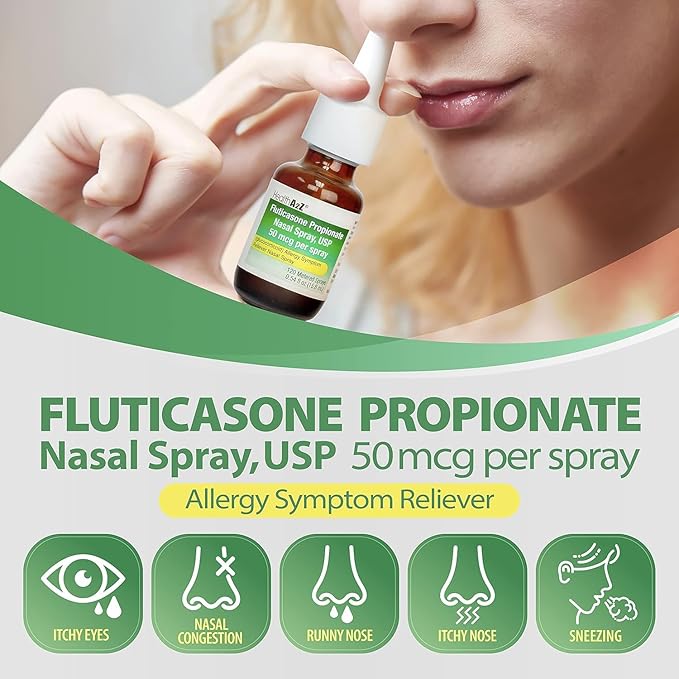 HealthA2Z® Fluticasone Propionate Nasal Spray | 50 mcg per Spray | 24 Hour Allergy Relief | 72 Sprays | 0.38 fl oz. (11.1mL) | Nasal Decongestant | Non-Drowsy | Allergy Relief Spray
