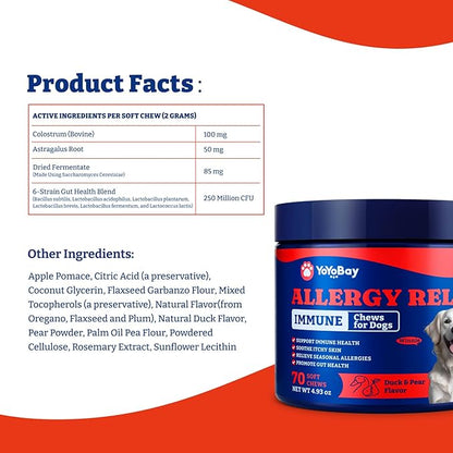 Dog Allergy Relief Chews – 70 Soft Chews, Duck & Pear Flavor - Immune Support & Itch Relief with Colostrum, Astragalus Root, 6-Strain Gut Health Blend