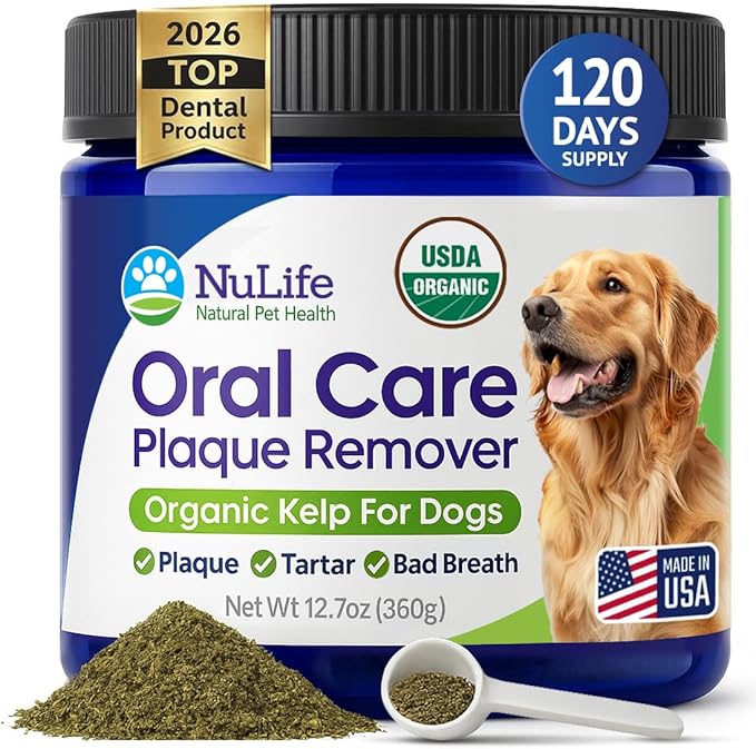 NuLife Natural Pet Health Dog Teeth Cleaning Powder, Dog Plaque and Tartar Remover, Bad Breath Treatment for Dogs with USDA Organic Sea Kelp Powder, Dog Dental Care Made Easy, for All Ages, 12 oz