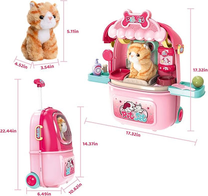 MAGIC4U Pet Cat Care Carrier Suitcase Toy, 29PCS Vet Clinic and Doctor Kit for Kids, Pet Kitty Grooming Feeding Toys, Veterinarian Pretend Play Set, Gifts for Boys and Girls Ages 3-12