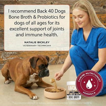 Back 40 Dogs Grass-Fed Beef Bone Broth Powder for Dogs with Probiotics, Chondroitin & Glucosamine – Supports Gut Health, Joint & Immune System – Human Grade Dog Food Toppers for Picky Eaters, 6.4oz