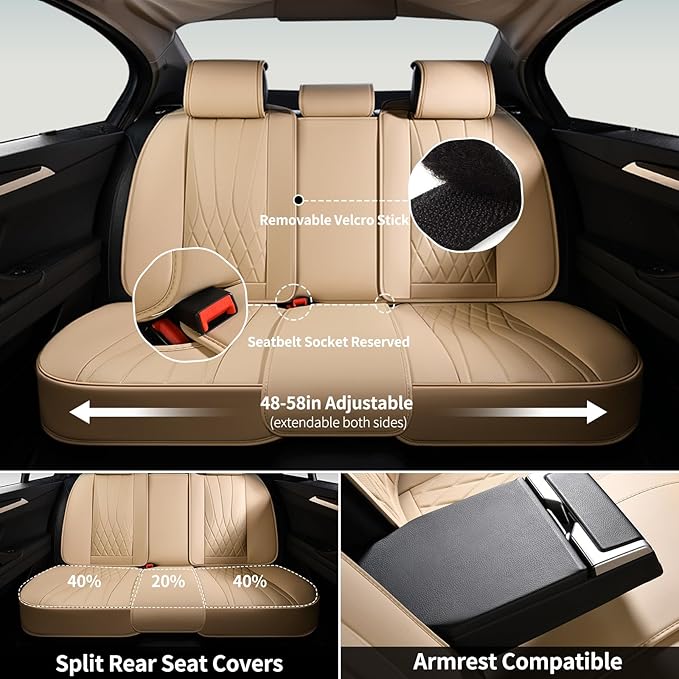 FLORICH Universal Seat Covers Full Set, 5 Seats Leather Seat Covers for Cars, Waterproof & Breathable Nappa Leather Car Seat Protector Fit for Most Cars - Beige