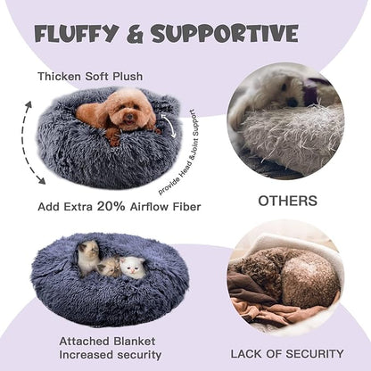Himax Medium Dog Bed, Round Dogs Beds with Blanket Attached, Comfort Fluffy Calming Dog Bed Washable (20"/26"/35") Deep Grey