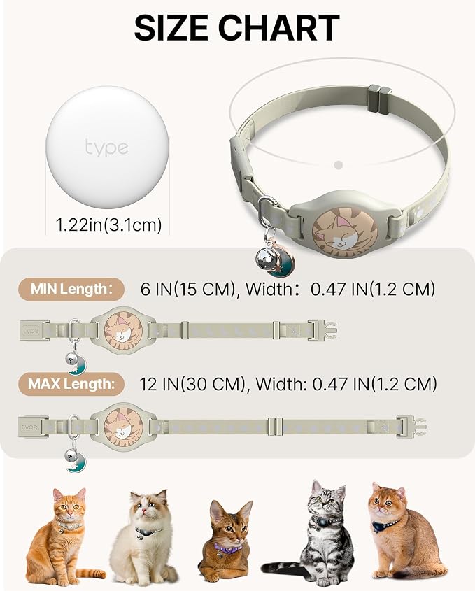Cat Tracker Collar - Waterproof Airtag Cat Collar with Finder Tag, Khaki | Compatible with Apple Find My (iOS ONLY), Breakaway Tractive Design with Reflective Pattern & Bell (Not for Android Devices)