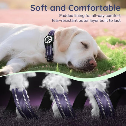 Airtag Dog Collar, Reflective Ultra-Durable Nylon Padded with QR Buckle & IP68 Waterproof Air Tag Holder Compatible for Apple AirTag, Comfortable for Small Medium Large Dogs (Purple,XL)