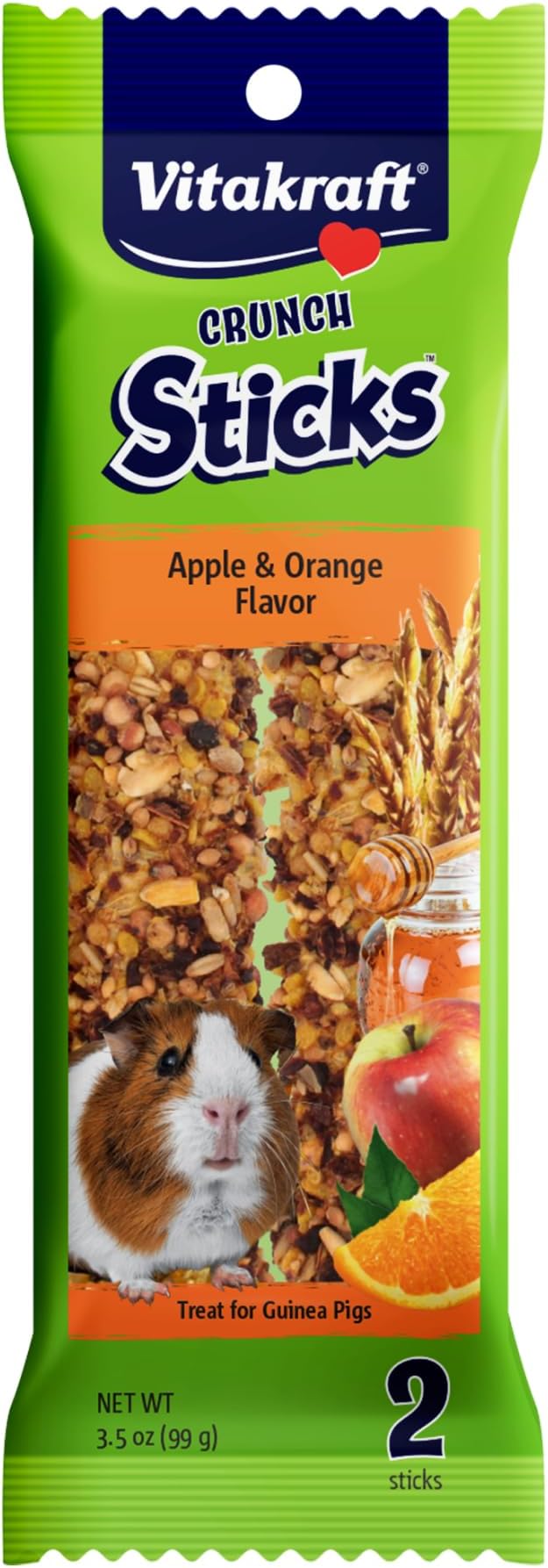 Vitakraft Crunch Sticks Guinea Pig Treat - Apple and Orange Flavor – Triple Baked for Extra Crunch – Natural Wood Chew Center with Cage Clip Holder – Added Vitamins and Minerals – 2 Sticks - 3.5 Oz