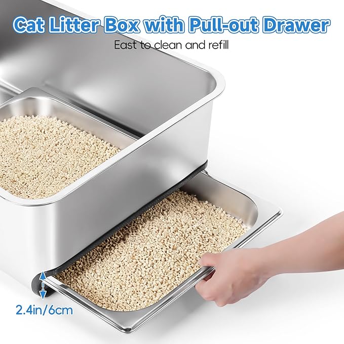 Stainless Steel Litter Box with Pull-Out Pan, 23.6" L x 15.7" Drawer Type Semi-Enclosed Cat Litter Box with Litter Scoop for Big Cat Easy Cleaning