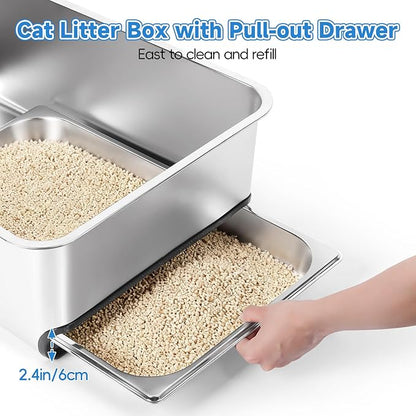 Stainless Steel Litter Box with Pull-Out Pan, 23.6" L x 15.7" Drawer Type Semi-Enclosed Cat Litter Box with Litter Scoop for Big Cat Easy Cleaning