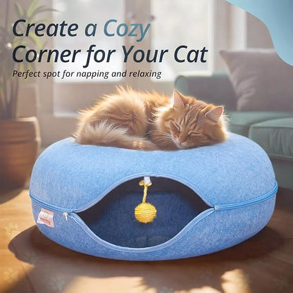 Peekaboo Cat Tunnel Bed with Hanging Ball Toy – Large Cat Tunnels for Indoor Cats up to 30lbs – Round Cat cave Bed with Scratch-Resistant, Easy to Wash & Cozy Design (Blue, Large)