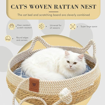 Natural Cat Bed Straw Nest Woven Pet House Handmade Braided Cute Cats Ears Cattail Leaf with Soft Cushion and Toy Ball 18 x 18 Inches