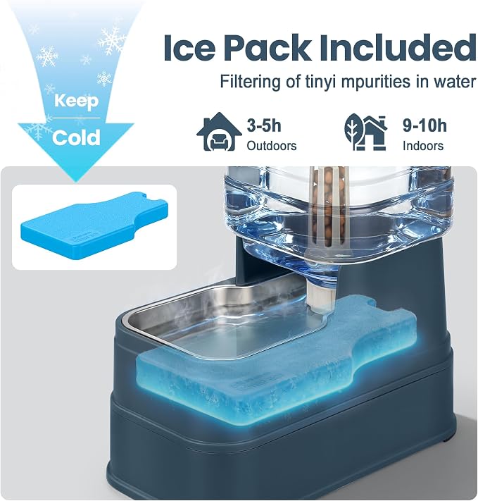 Auto Dog Water Dispenser with Stainless Steel Bowl Feeder for Pets | Automatic Cat Water Dispenser Gravity Water Feeder Dog Waterer for Puppy Kitten Pets (Include Filter &Ice Pack) 1.6Gal Navy