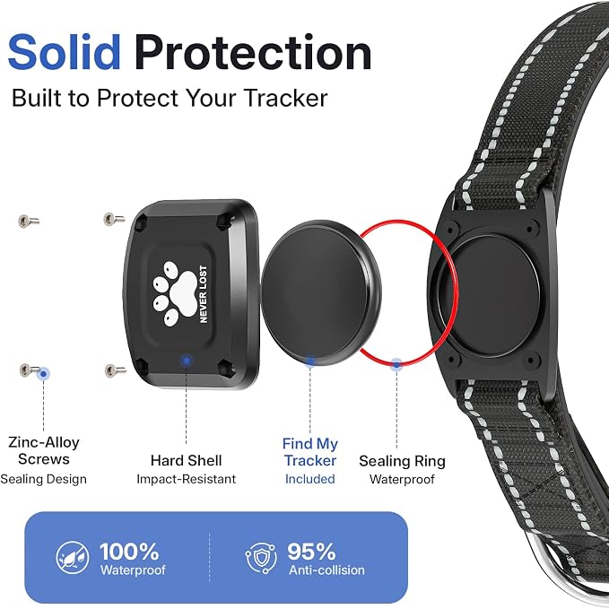 GPS Dog Collar Tracker 2-in-1,Reflective Waterproof Pet Collar,iOS-Only,No Monthly Fees,Unlimited Range,Dog Tracking Collar Pet Tracker,for Small Medium Large Dogs(S (12.5"-16"), Black)