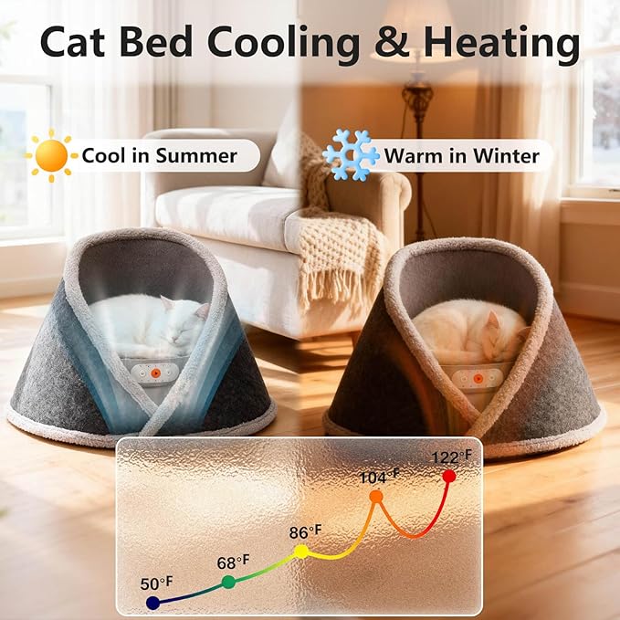Heated & Cooling Cat Bed with 5 White Noise Modes, Cat Cave Bed with Mat Smart Temperature Control, Indoor Cozy Bed for Small and Medium Cats