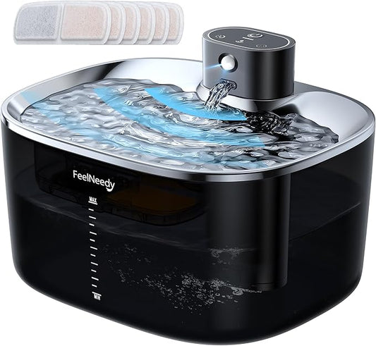 FEELNEEDY Wireless Cat Water Fountain, No Pump for Easy Cleaning, 4000mAh Detachable & Rechargeable Battery, Motion Sensor with Low Water & Power Alerts - Includes 6 Filters (4L/135oz)
