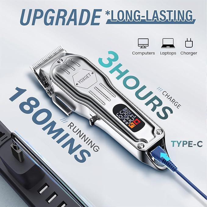 Dog Clippers for Grooming Thick Hair, Upgrade Low Noise Pet Shaver with 8 Size Detachable Combs for Heavy Curly Hair, Rechargeable Metal Blade Clipper Grooming Kit for Dogs Animals (Silvery)