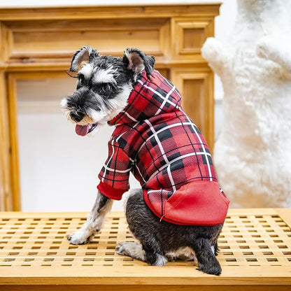 EXPAWLORER Plaid Dog Hoodie - British Style Warm Dog Sweater Shirt with Leash Hole,Pitbull Clothes Outfits,Winter Coat Apparel for All Breeds Puppy Girl Boy-Cat Apparel,Red Medium