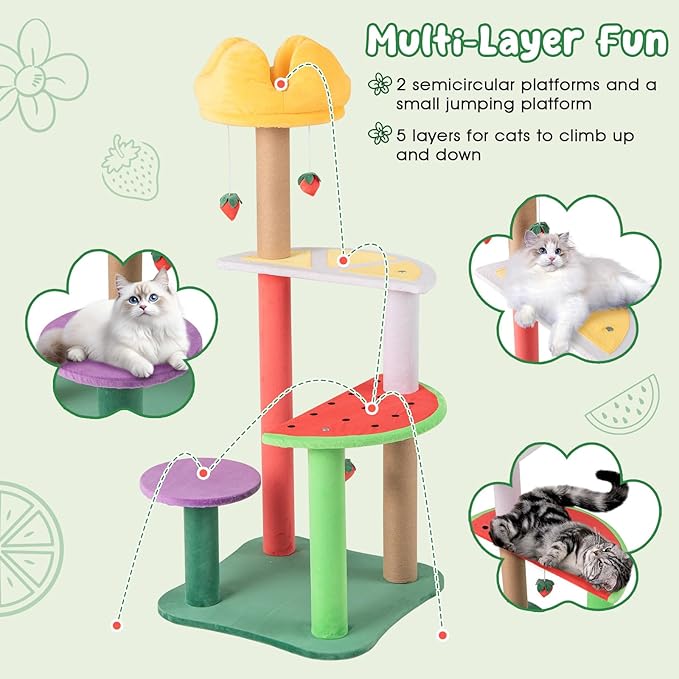 PETSITE 45-inch Cute Cat Tree, Multi-Level Cat Tower with Scratching Posts, Plush Padded Top Perch, Fruit-Shaped Platforms, and Strawberry Dangling Balls, Fruit Cat Tree Tower for Indoor Cats