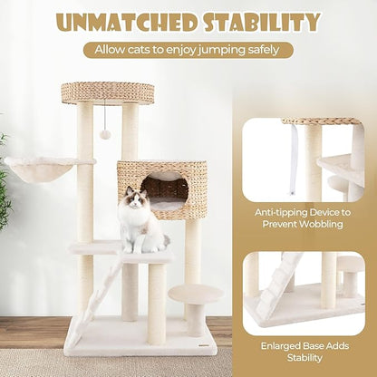 PETSITE 50 inch Cattail Cat Tree Tower, Multi-Level Cat Tower with Sisal Scratching Posts, Condo, Side Basket, Ladder, and Top Perch with Removable Soft Cushion, Modern Cat Tree for Indoor Cats