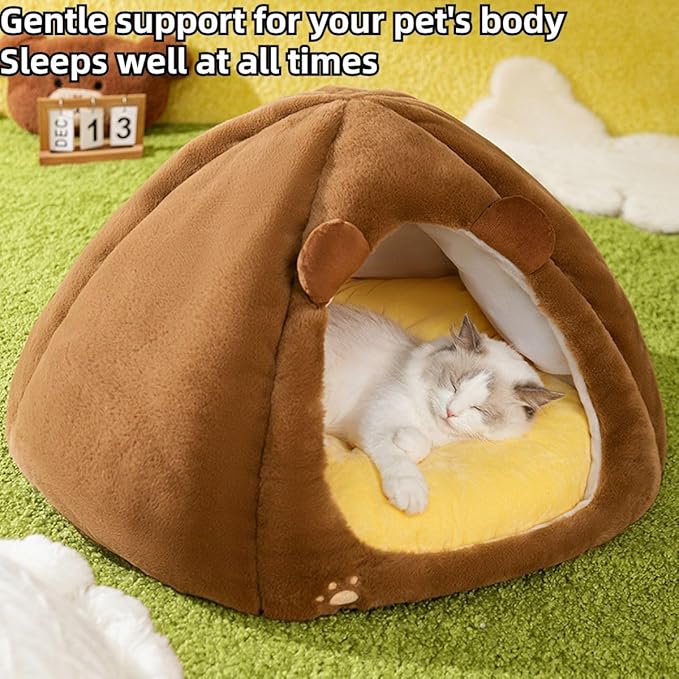 Cat House, Cat Beds with Removable Cushion for Indoor Cats, Pet Cat Litter Large Yurt, Cat Beds for Indoor Easy to Clean Cat Bed Cave,Self Heating Cat Pad (Brown,Large)