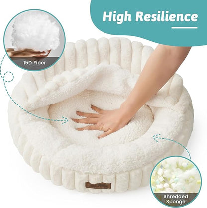 Small Dog Bed with Hooded Blanket, Round Fluffy Anti-Anxiety Pet Bed for Small Dogs & Medium Dogs, Cozy Donut Cuddler with Machine Washable Faux Fur & Anti-Slip Bottom(26"×26"×7",Cream)