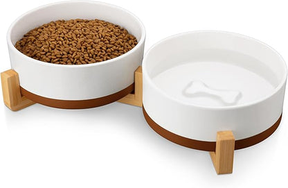 MALACASA Dog Bowls Set with Wooden Stand, 6 Cups Food Water Bowl Set for Medium to Large Size Dogs, Ceramic Pet Bowls with Weighted Non-Slip Base, Basic Bowls for Your Dog,58Oz