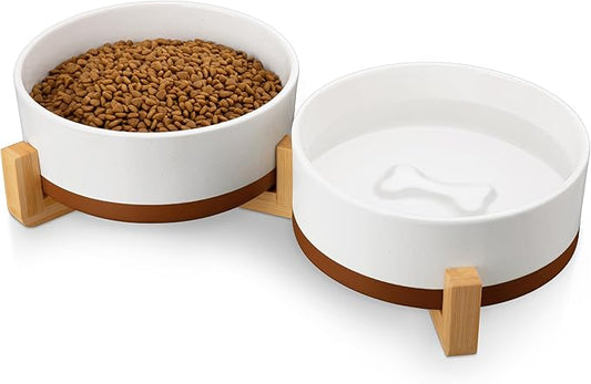 MALACASA Dog Bowls Set with Wooden Stand, 6 Cups Food Water Bowl Set for Medium to Large Size Dogs, Ceramic Pet Bowls with Weighted Non-Slip Base, Basic Bowls for Your Dog,58Oz