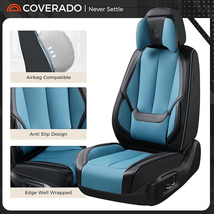Coverado Seat Covers Full Set, 5 Seats Seat Covers for Cars, Waterproof Nappa Leather Car Seat Covers with Head Pillow, Seat Protectors Car Seat Cushion Universal Fit for Most Cars (Black&Blue)