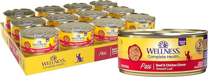 Wellness Complete Health Pate Adult Canned Wet Cat Food, Natural, Protein Rich, Grain Free, Beef and Chicken Dinner Recipe, 5.5 oz, Pack of 24 Cans