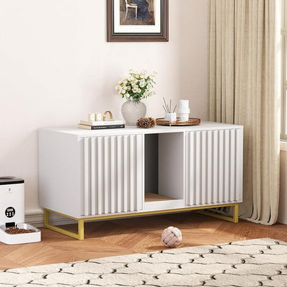 Halitaa Double Litter Box Enclosure,Modern Cat Litter Box Enclosure for 2 Cats, Hidden Litter Box with Cat Scratch Pad, Cat Washroom Cat House End Table, Entryway Bench for Livingroom (White)