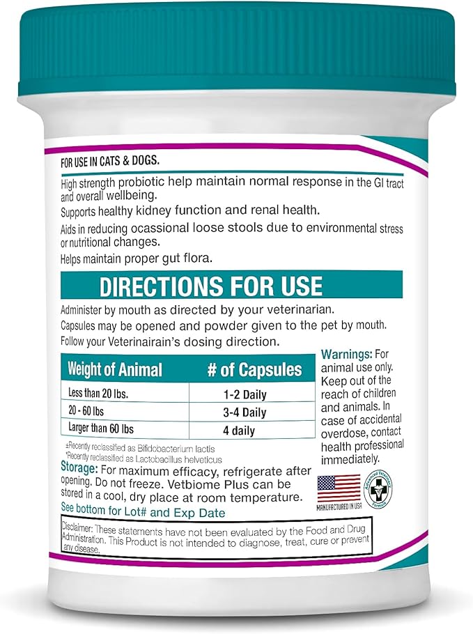 Vetbiome Plus High Strength Probiotics for Pets (80 Capsules) - 120 Billion CFU, 9 - Strain Formula – Third Party Tested - Made in U.S.A (80 Caps (2 Pack))