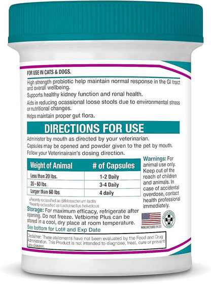 Vetbiome Plus High Strength Probiotics for Pets (80 Capsules) - 120 Billion CFU, 9 - Strain Formula – Third Party Tested - Made in U.S.A (80 Caps (2 Pack))