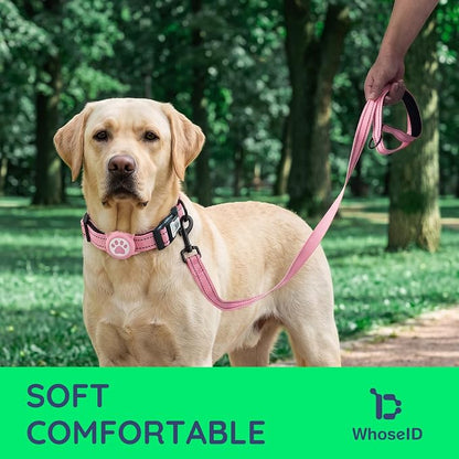 Airtag Dog Collar and Leash Set,Reflective Ultra-Durable Nylon Padded with QR Buckle & IP68 Waterproof Air Tag Holder Compatible for Apple AirTag, Comfortable for Small Medium Large Dogs (Pink Set,M)