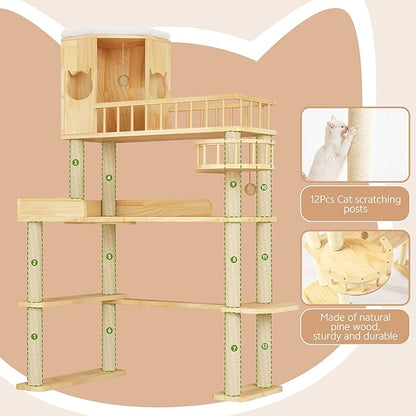 Corner Cat Tree for Automatic Litter Box, 61'' Tall Wood Cat Tower for Self Cleaning Litter Box, Cats Tree for Indoor Cats Large Adult, 6-Level Solid Wood Cat Furnitue w/12Pcs Scratching Post
