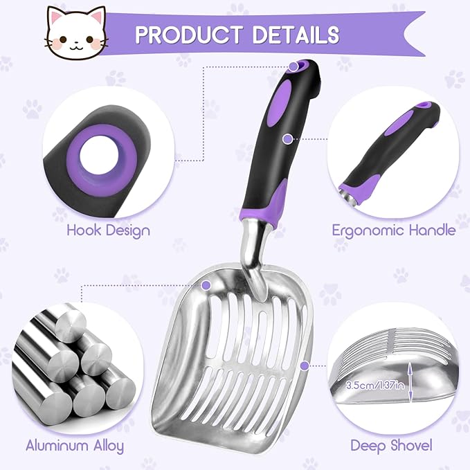Showvigor Cat Litter Scoop, Metal Cat Scooper, Rubber Handle Scoop, Sifting Shovel – Heavy Duty Aluminum Alloy Litter Box Scoop with Deep Mesh, Design for Easy Waste Removal and Cleaning(Purple)