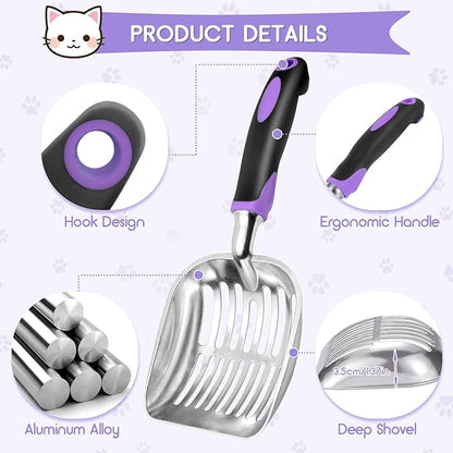 Showvigor Cat Litter Scoop, Metal Cat Scooper, Rubber Handle Scoop, Sifting Shovel – Heavy Duty Aluminum Alloy Litter Box Scoop with Deep Mesh, Design for Easy Waste Removal and Cleaning(Purple)
