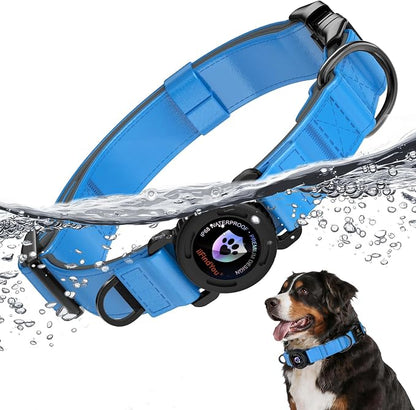 Airtag Dog Collar, Dog Collar with airtag Holder, IP68 Waterproof Leather Dog Collar with Metal Buckle & Lockable Airtag Holder, Heavy Duty Adjustable for Small Medium Large Dogs (Blue S)